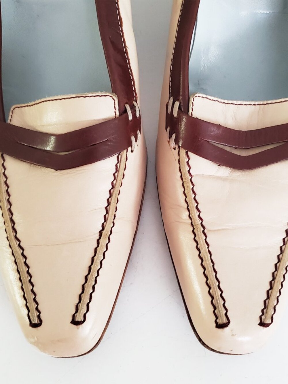 Tod's Penny Loafer Beige & Brown Leather Kitten Heel Pumps Sz 38.5 - Picture 6 of 13